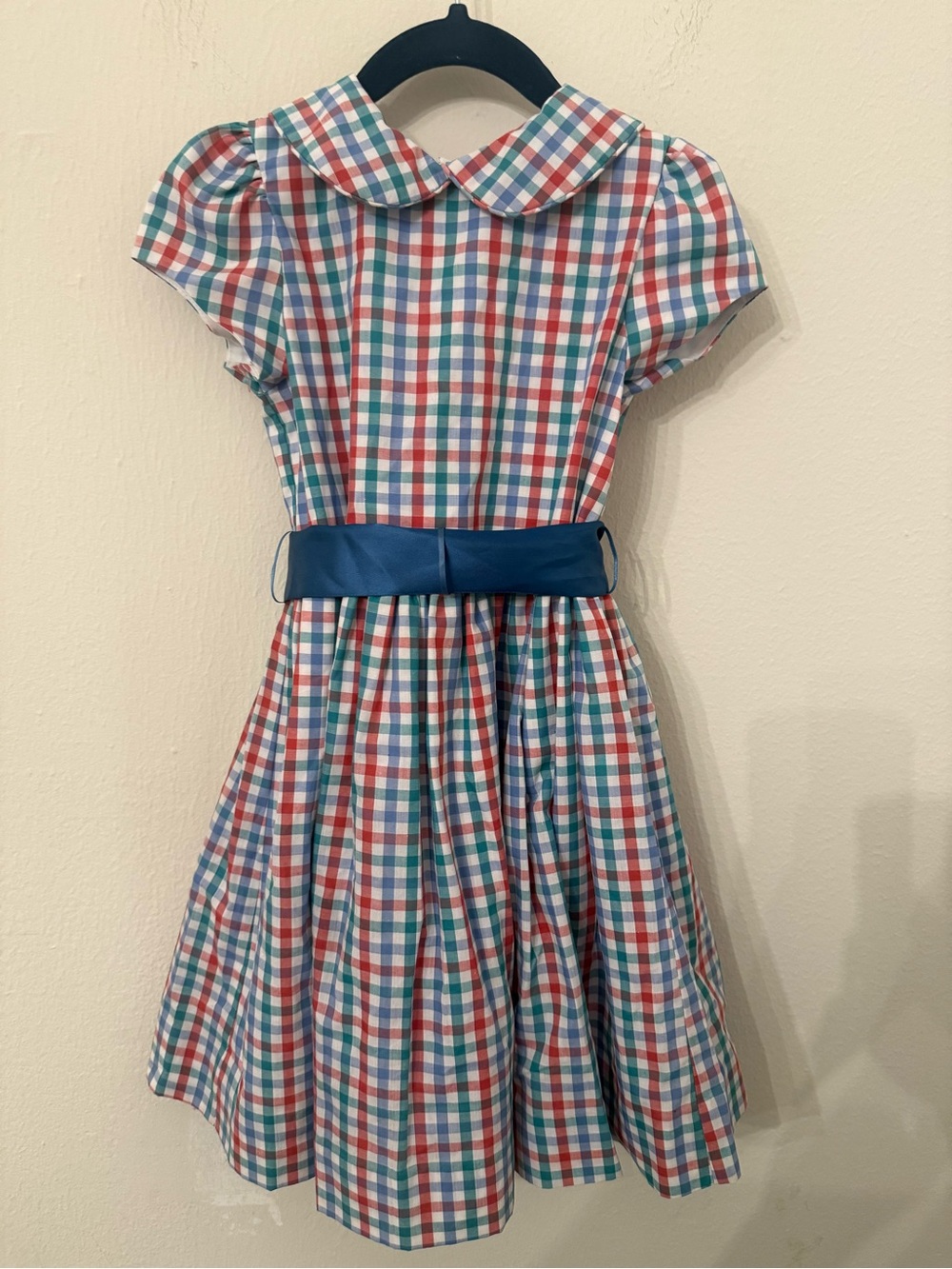 Plaid Peter Pan Collar girls Dress with Blue Belt